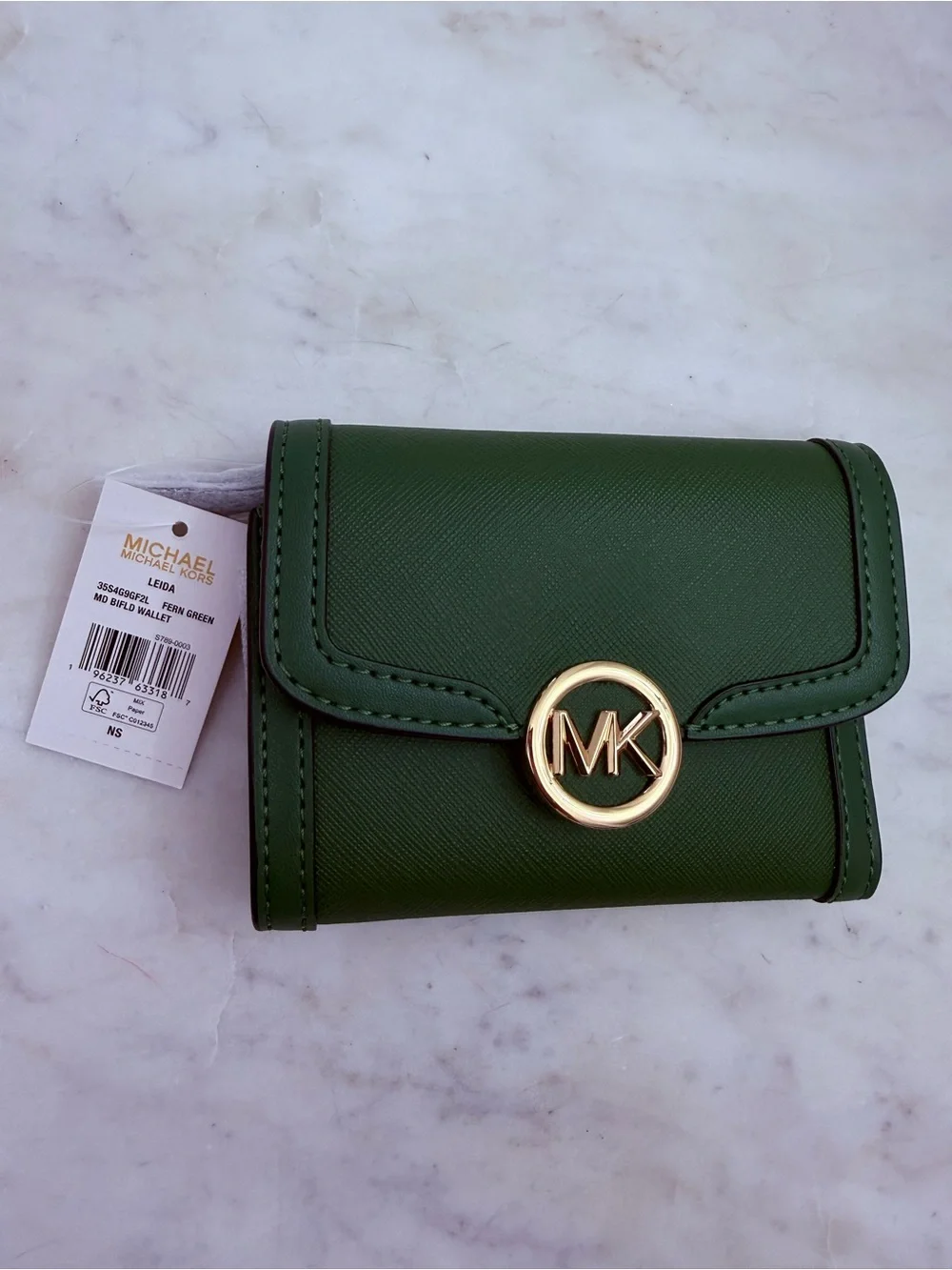 NEW!! Michael Kors Fern Green Saffiano Leather MK Snap Wallet with Gold Logo